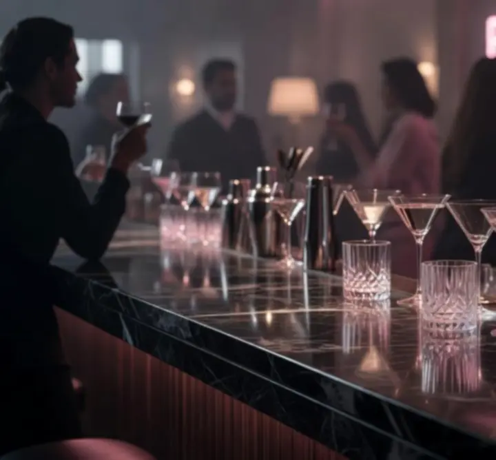 Atmoszférikus esti bárkörnyezet magenta fényekkel a Pest Dining Guide-ban.