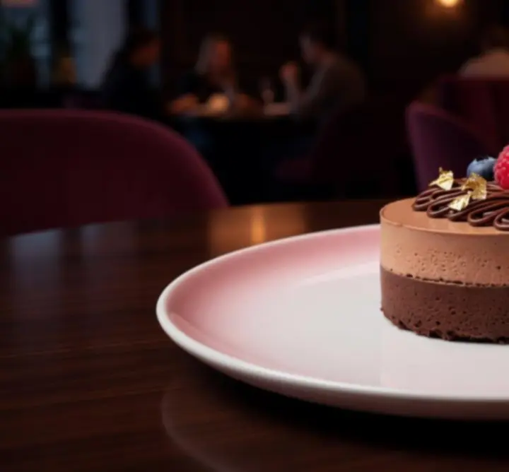Elegáns desszert tálalás rózsaszínes megvilágításban a Pest Dining Guide-ban