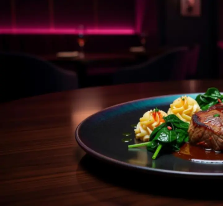Gondosan tálalt főétel modern, sötétkonyhai tányéron a Pest Dining Guide-ban