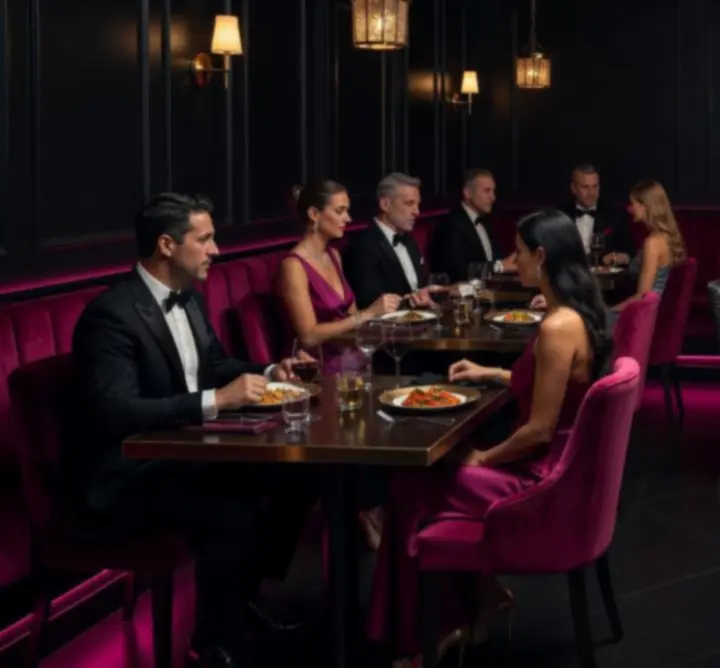 Elegáns vacsoraasztal élő offline pókerasztallal a Pest Dining Guide-ban
