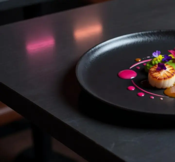 Látványos, modern tálalású fogás fekete és pink tónusokkal a Pest Dining Guide étlapjáról.